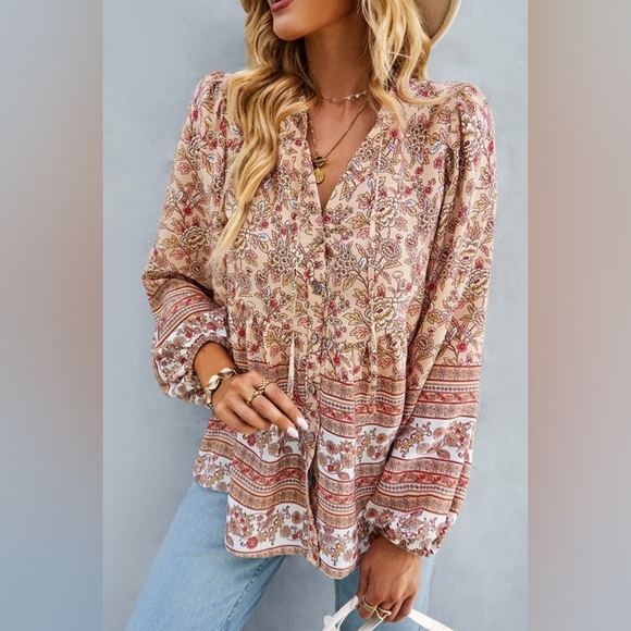 Elings Tops - Bohemian Floral Peasant Blouse - Cream & Rust